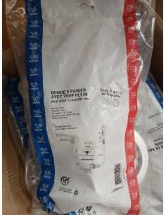 Bonde à panier en plastique recyclé pour évier avec trop plein, D. 90 mm, cuvette D. 113 mm, serrage 0/25mm, inox